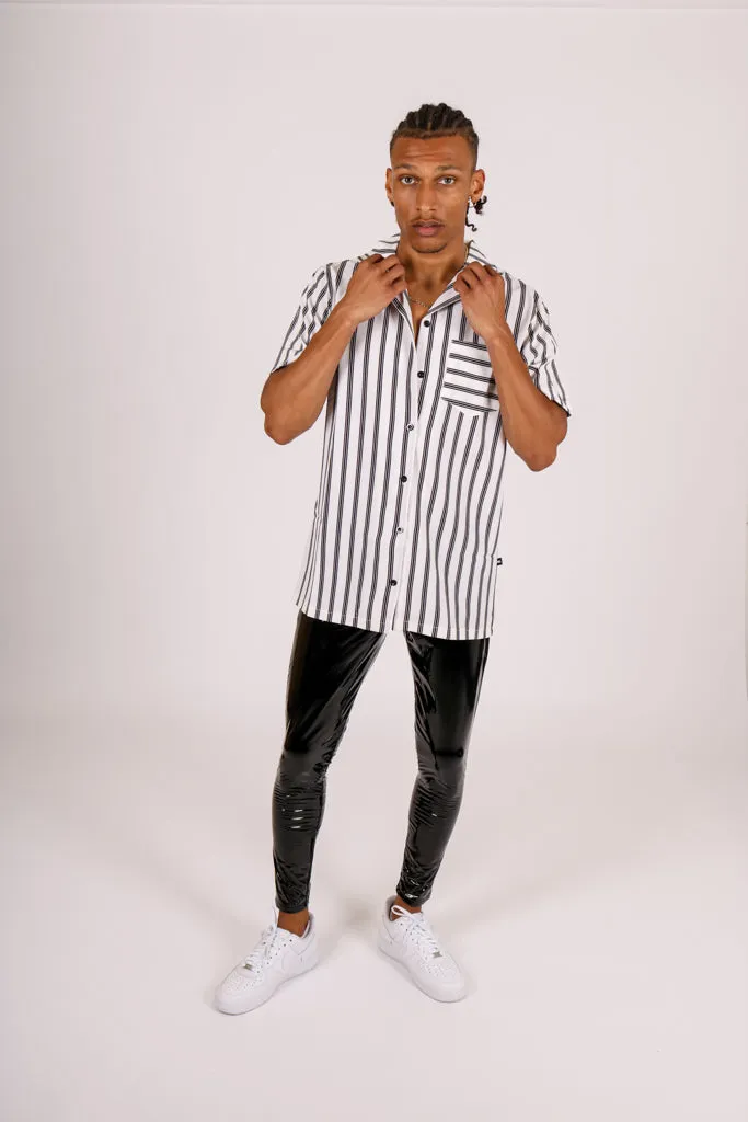 Revere Collar Shirt In Black & White Stripes