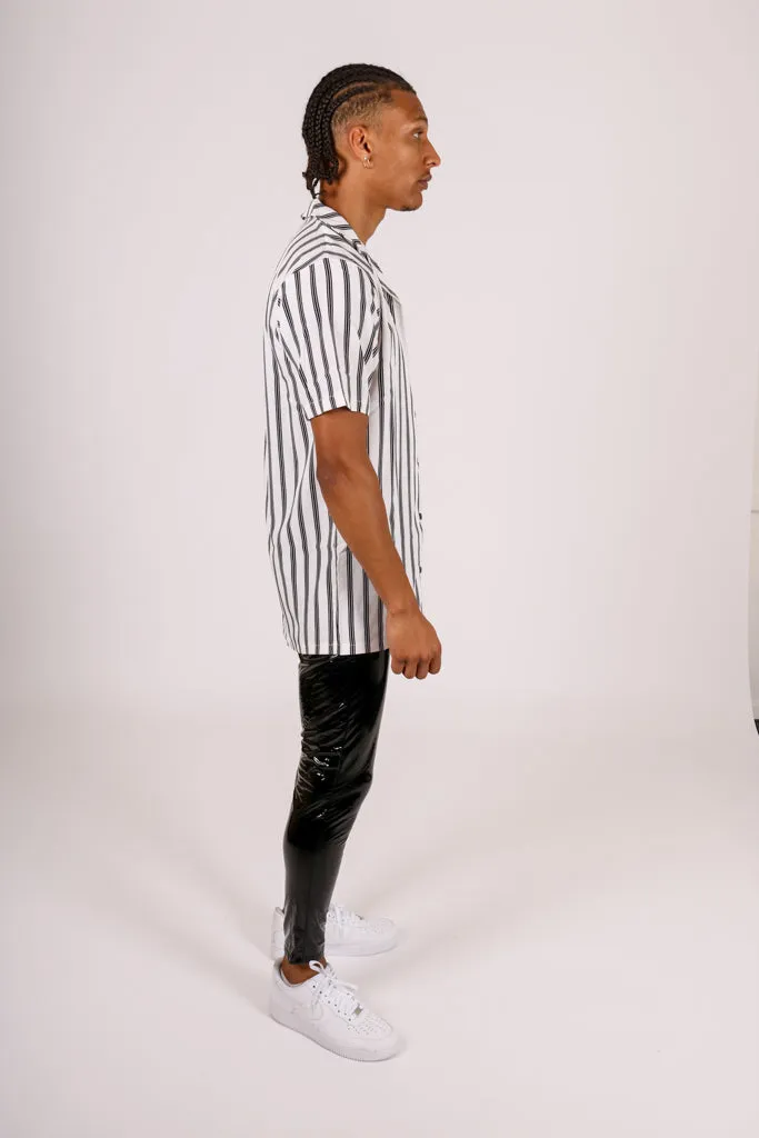 Revere Collar Shirt In Black & White Stripes