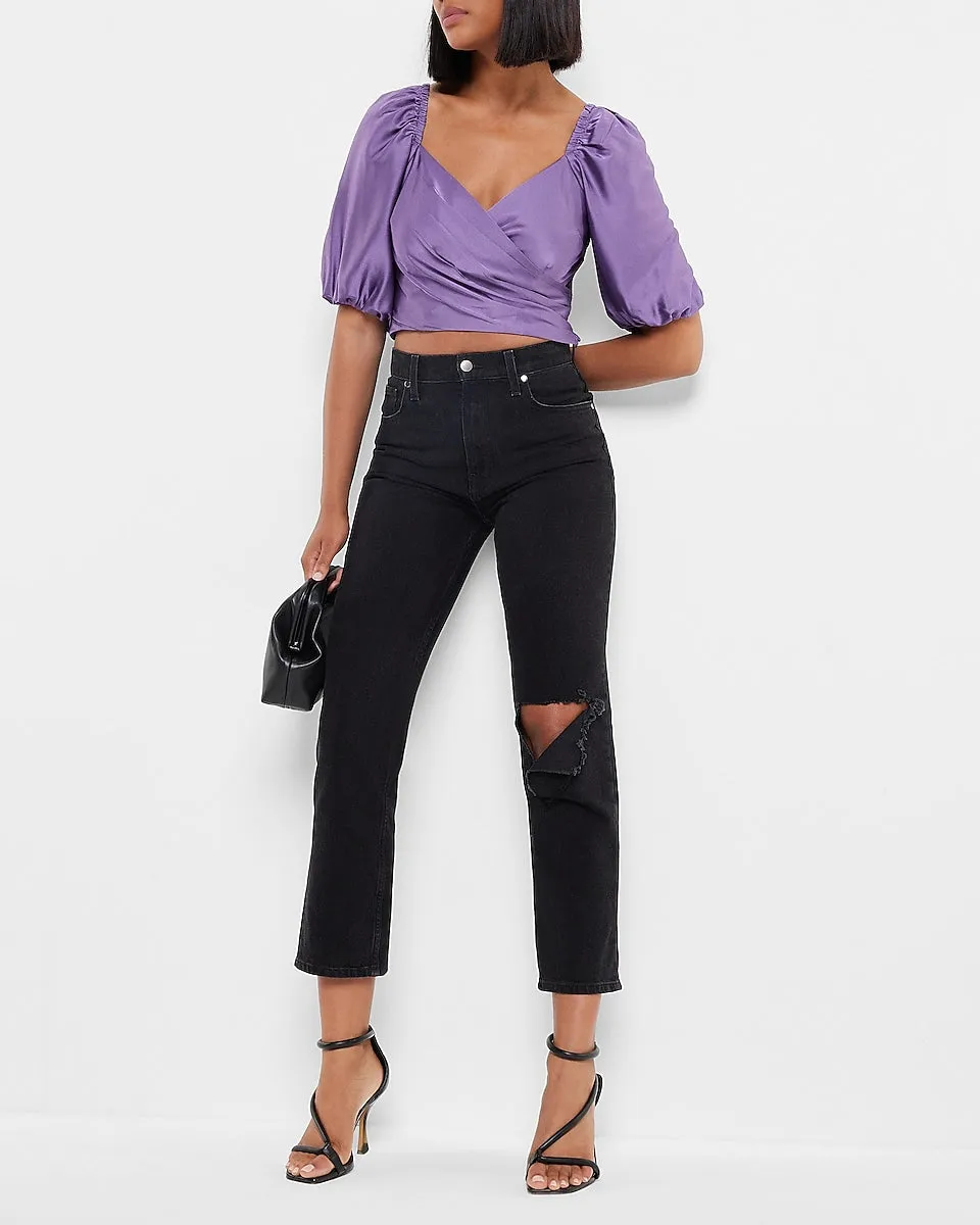 Satin Faux Wrap Tie Back Cropped Top in Iris