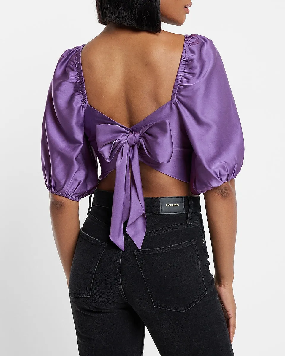Satin Faux Wrap Tie Back Cropped Top in Iris