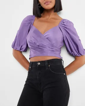 Satin Faux Wrap Tie Back Cropped Top in Iris