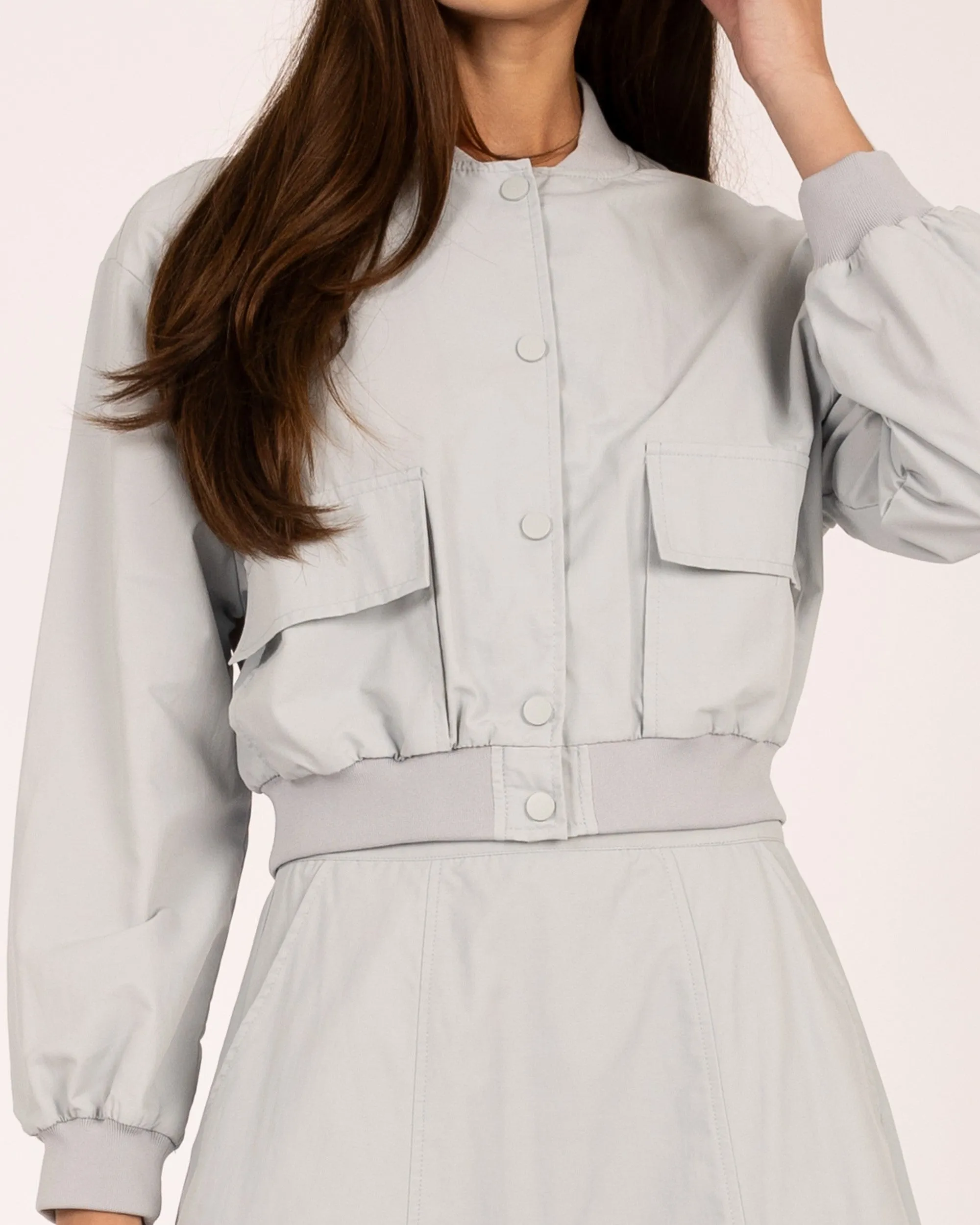 Side Pocket Cropped Bomber Jacket - Light Blue