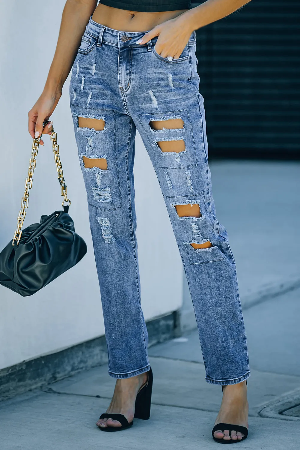 Sky Blue Buttoned Distressed Jeans