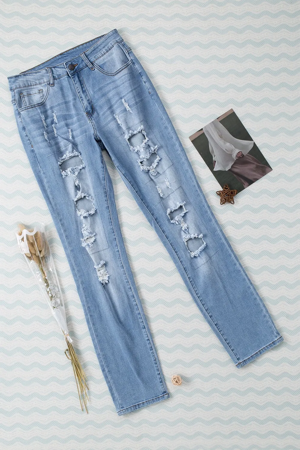 Sky Blue Buttoned Distressed Jeans