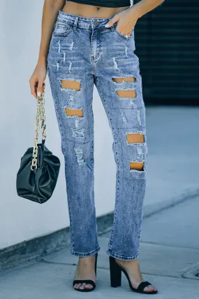Sky Blue Buttoned Distressed Jeans