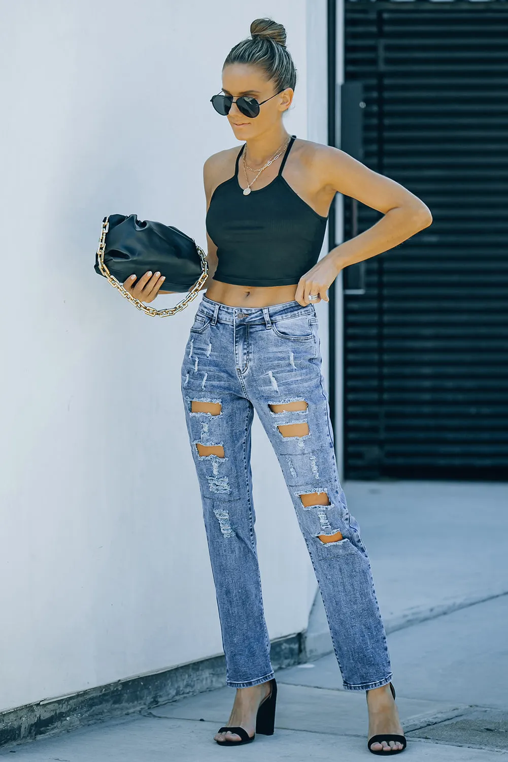 Sky Blue Buttoned Distressed Jeans