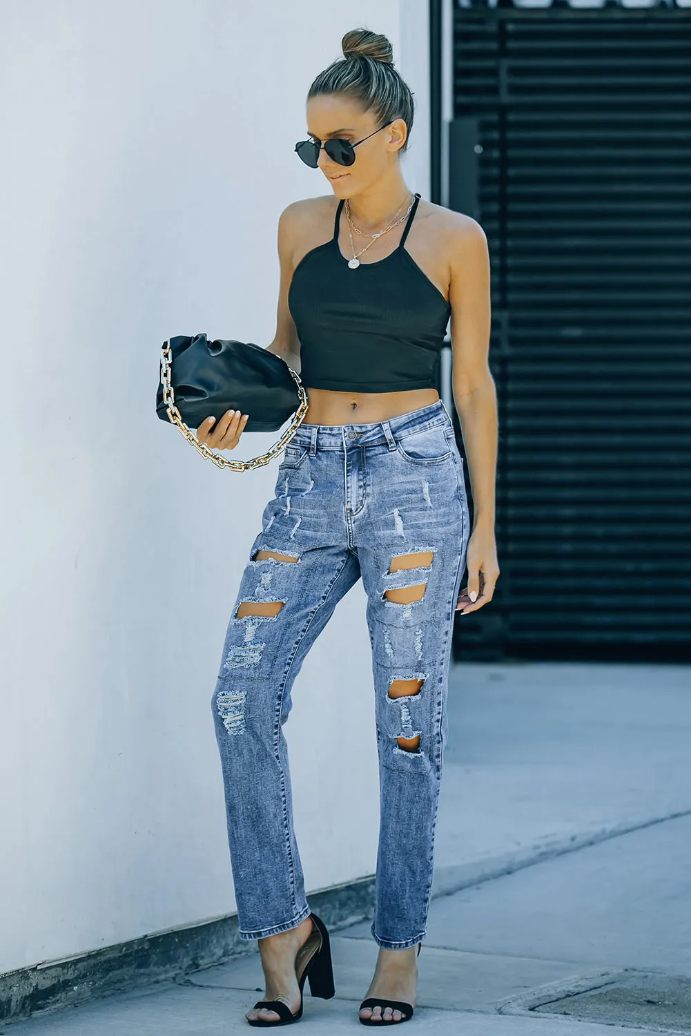 Sky Blue Buttoned Distressed Jeans