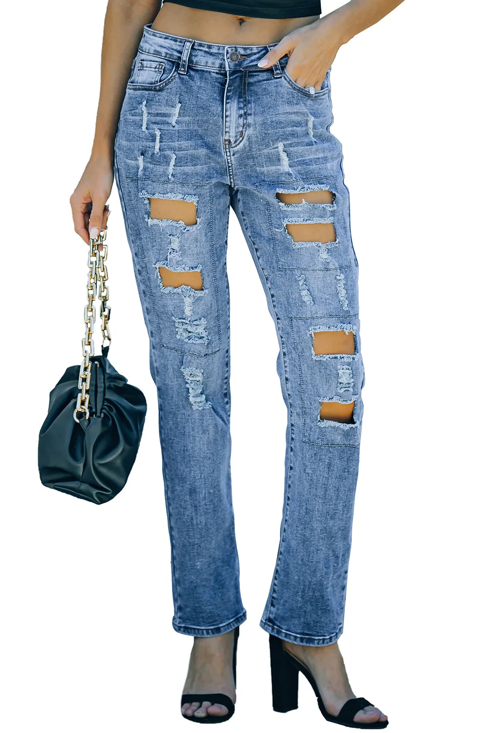 Sky Blue Buttoned Distressed Jeans