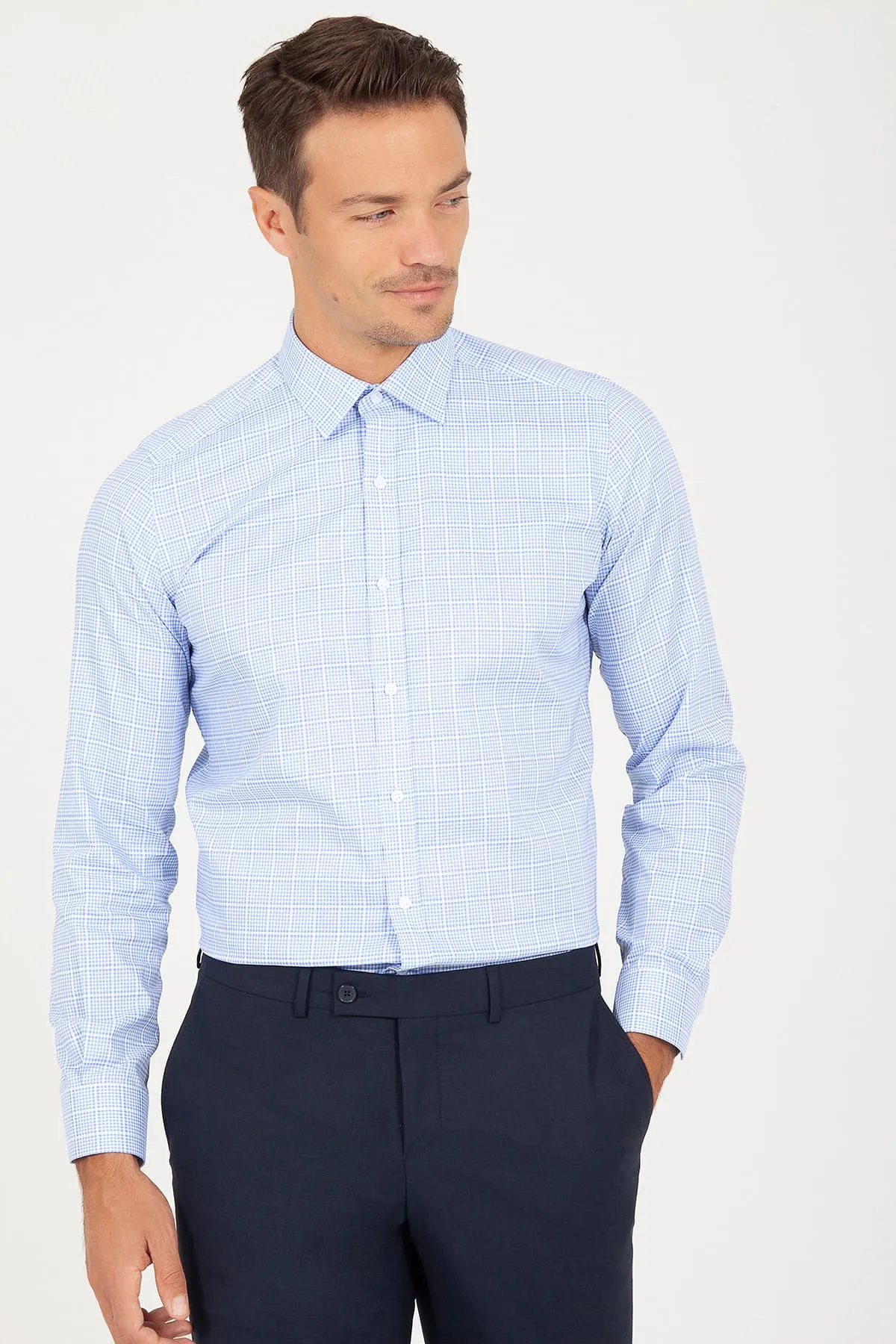 Slim Fit Long Sleeve Plaid Cotton Blue Dress Shirt