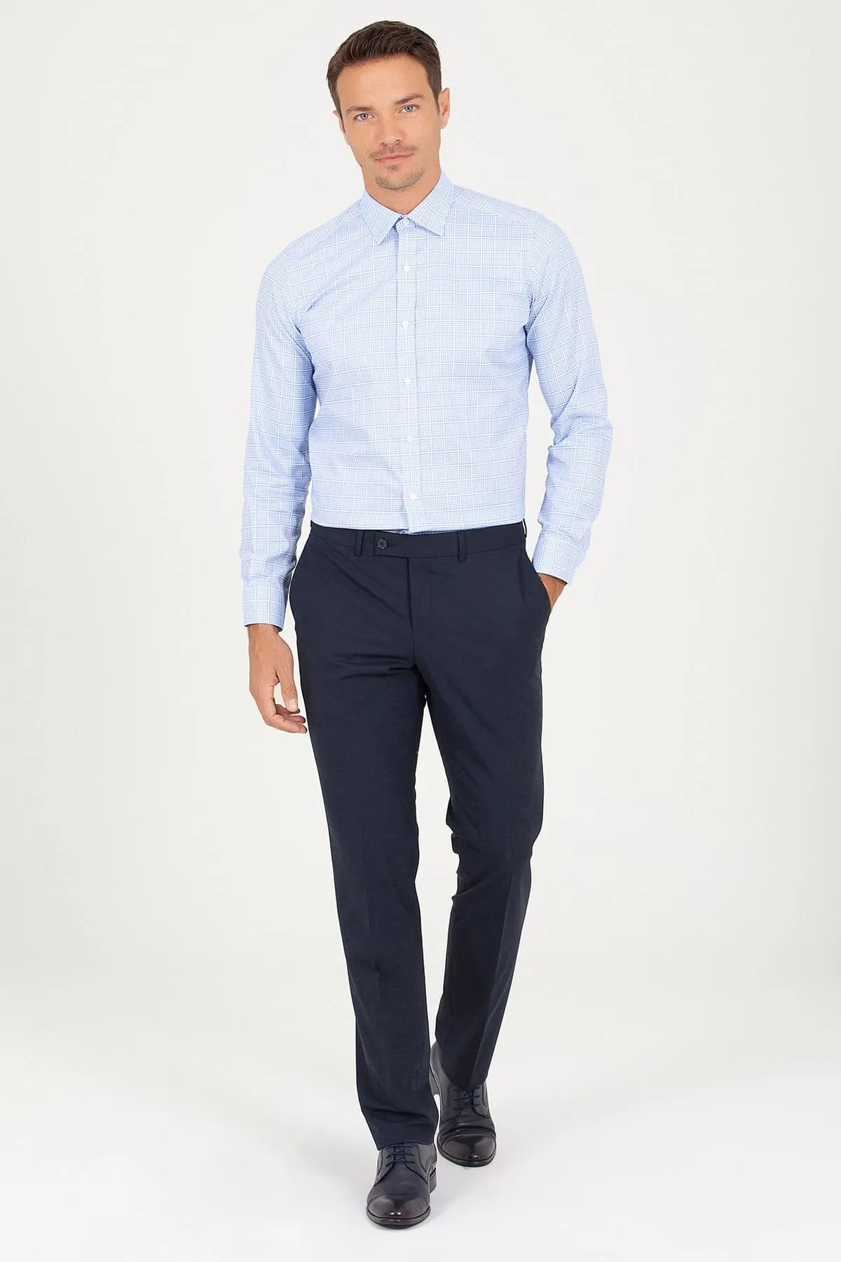 Slim Fit Long Sleeve Plaid Cotton Blue Dress Shirt