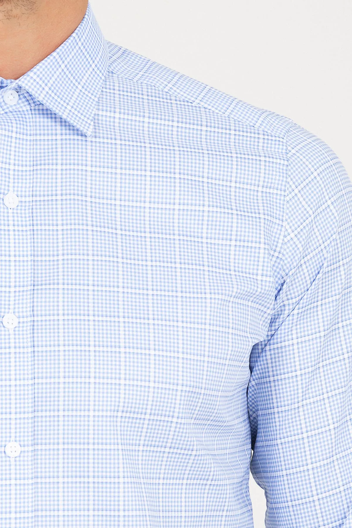 Slim Fit Long Sleeve Plaid Cotton Blue Dress Shirt