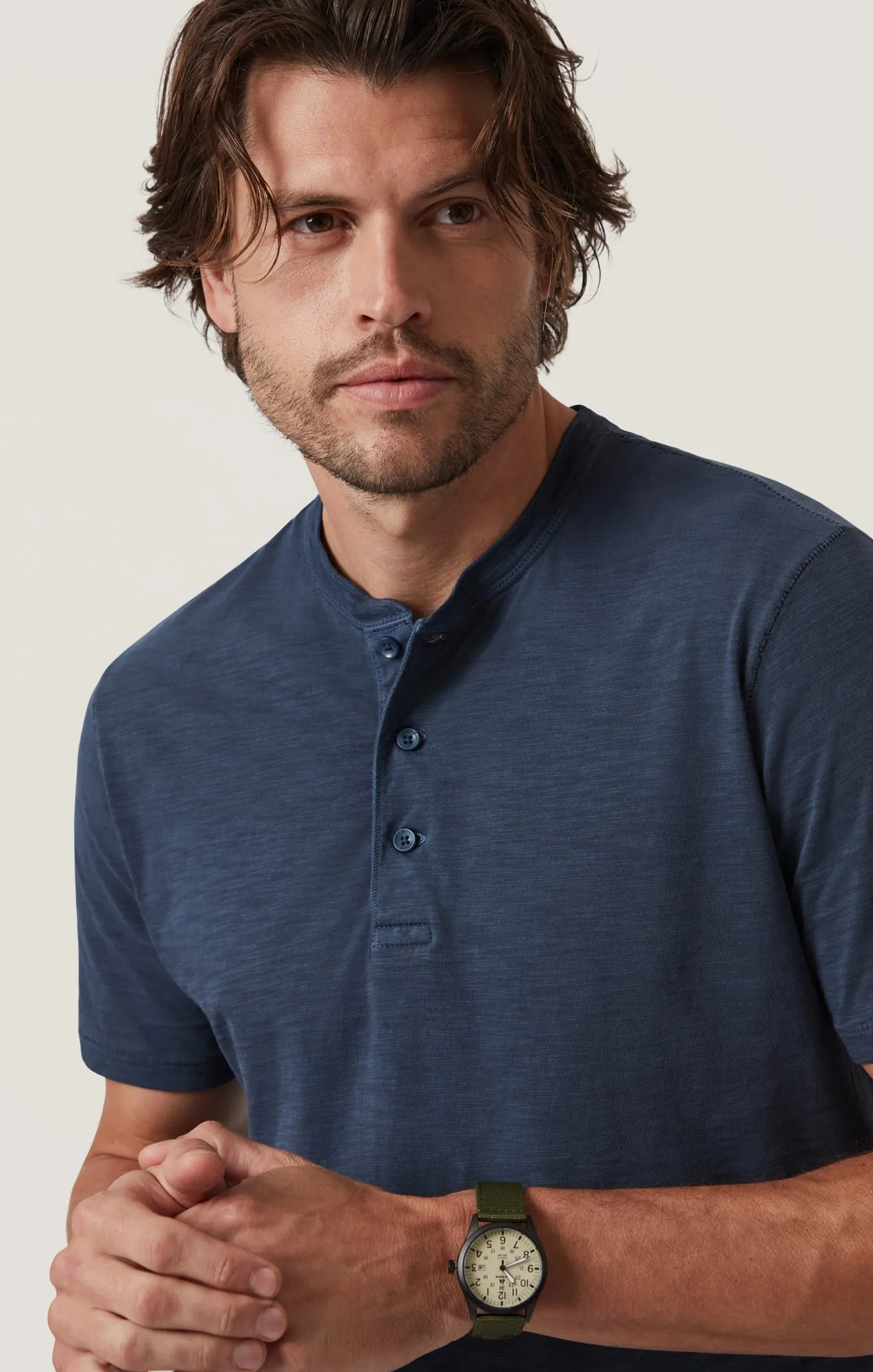 Slub Henley T-Shirt in Blue Night