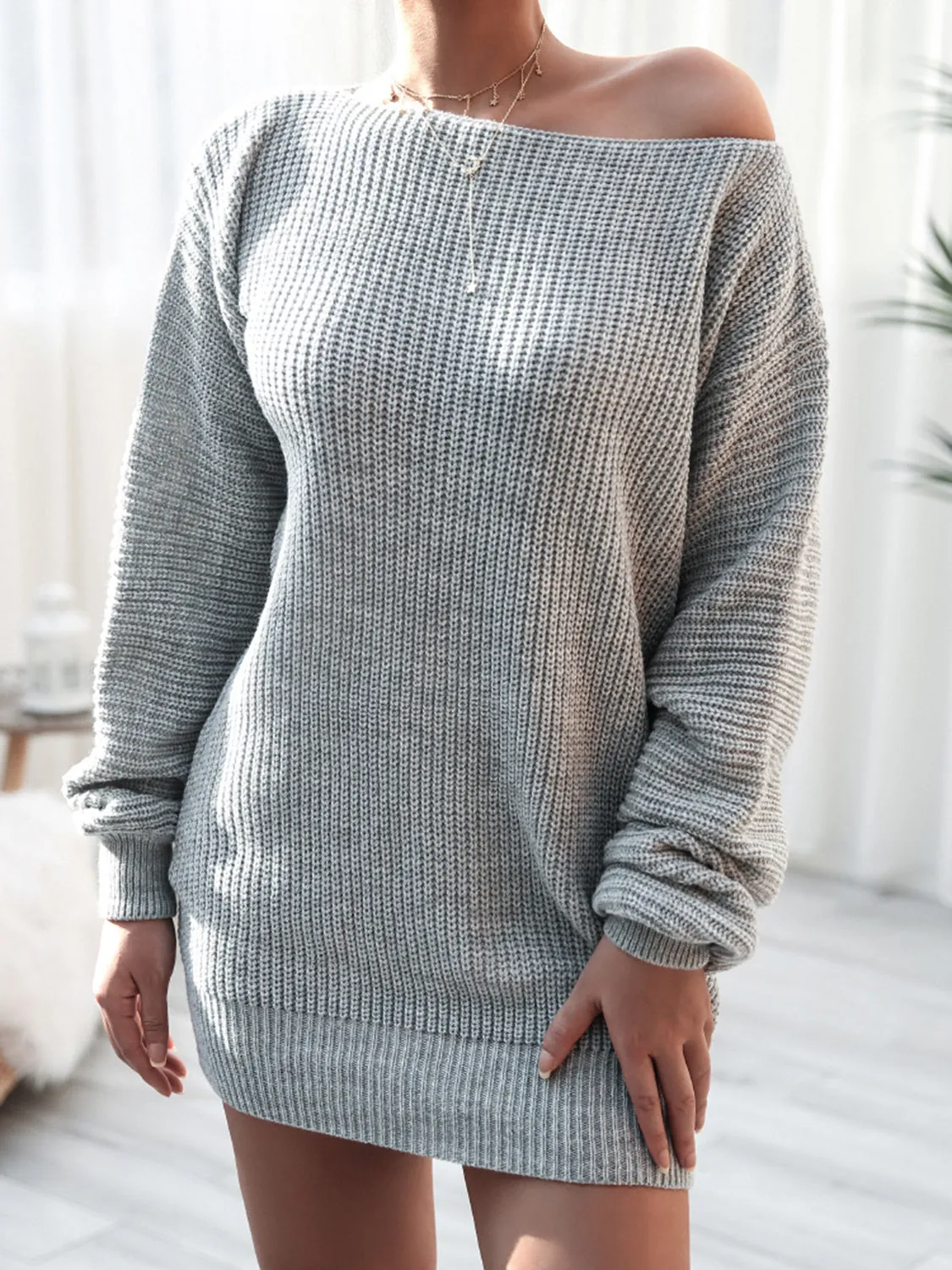Stylish Rib-Knit Mini  Off Shoulder Sweater Dress