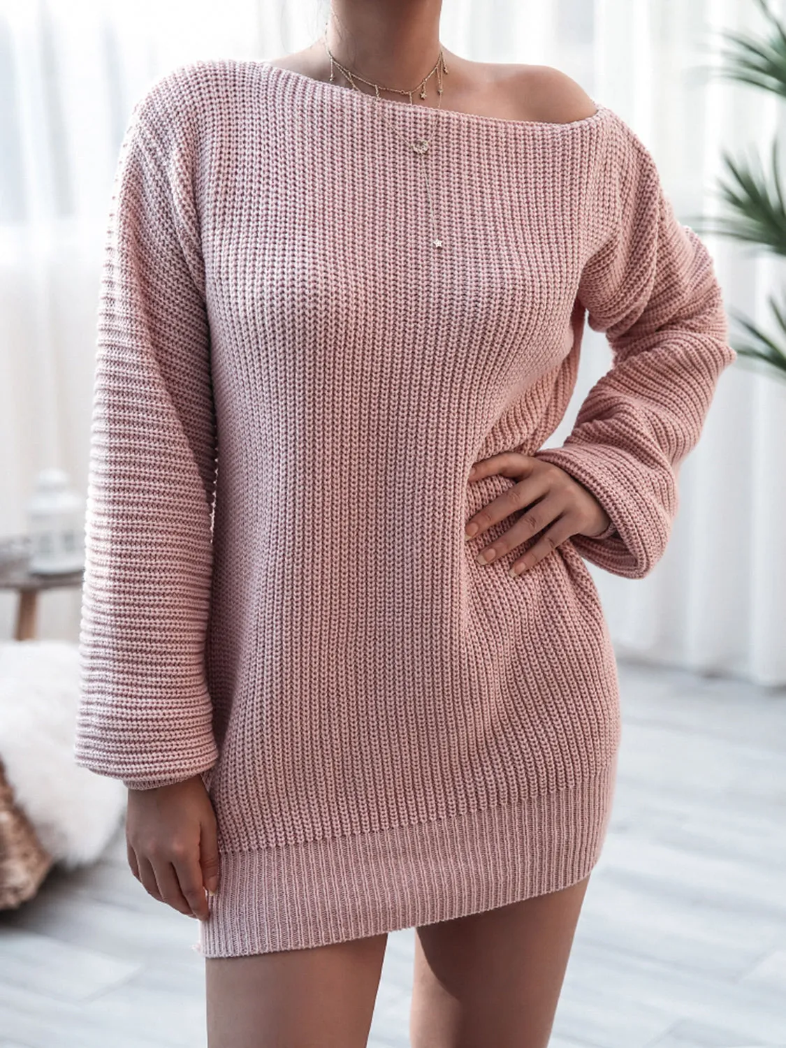 Stylish Rib-Knit Mini  Off Shoulder Sweater Dress