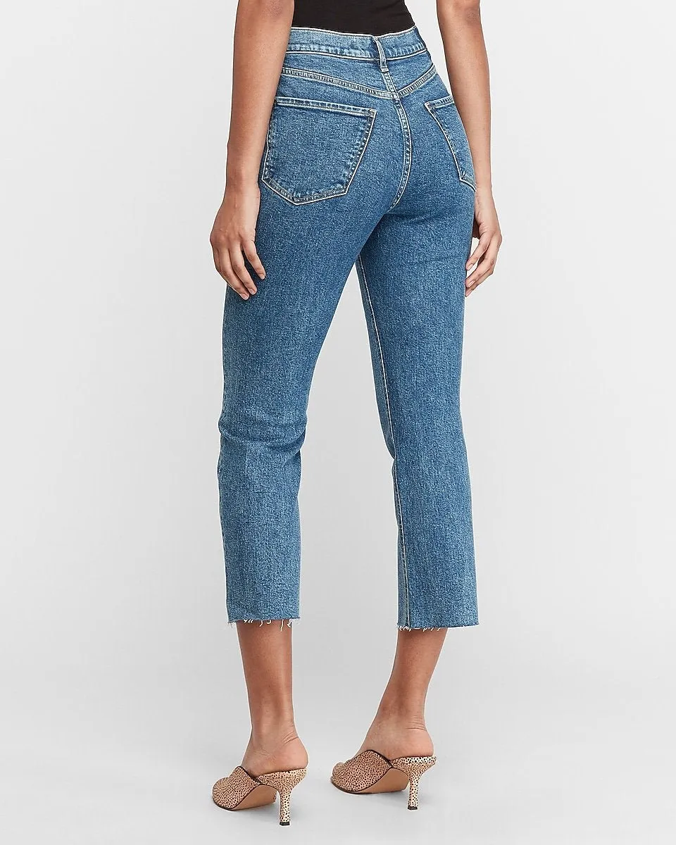 Super High Waisted Raw Hem Straight Cropped Jeans in Dark Wash