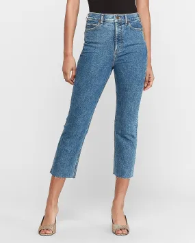 Super High Waisted Raw Hem Straight Cropped Jeans in Dark Wash