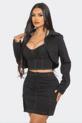 Three Piece Cropped Jacket Skirt Set