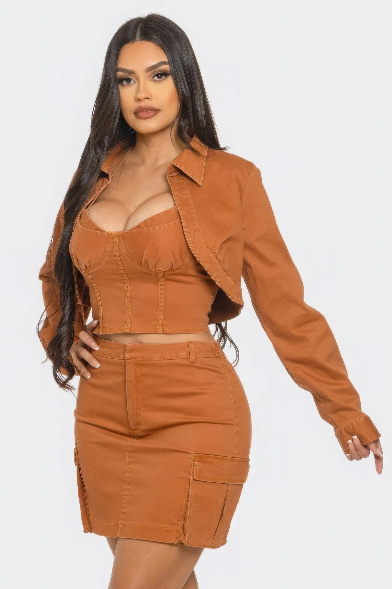 Three Piece Cropped Jacket Skirt Set