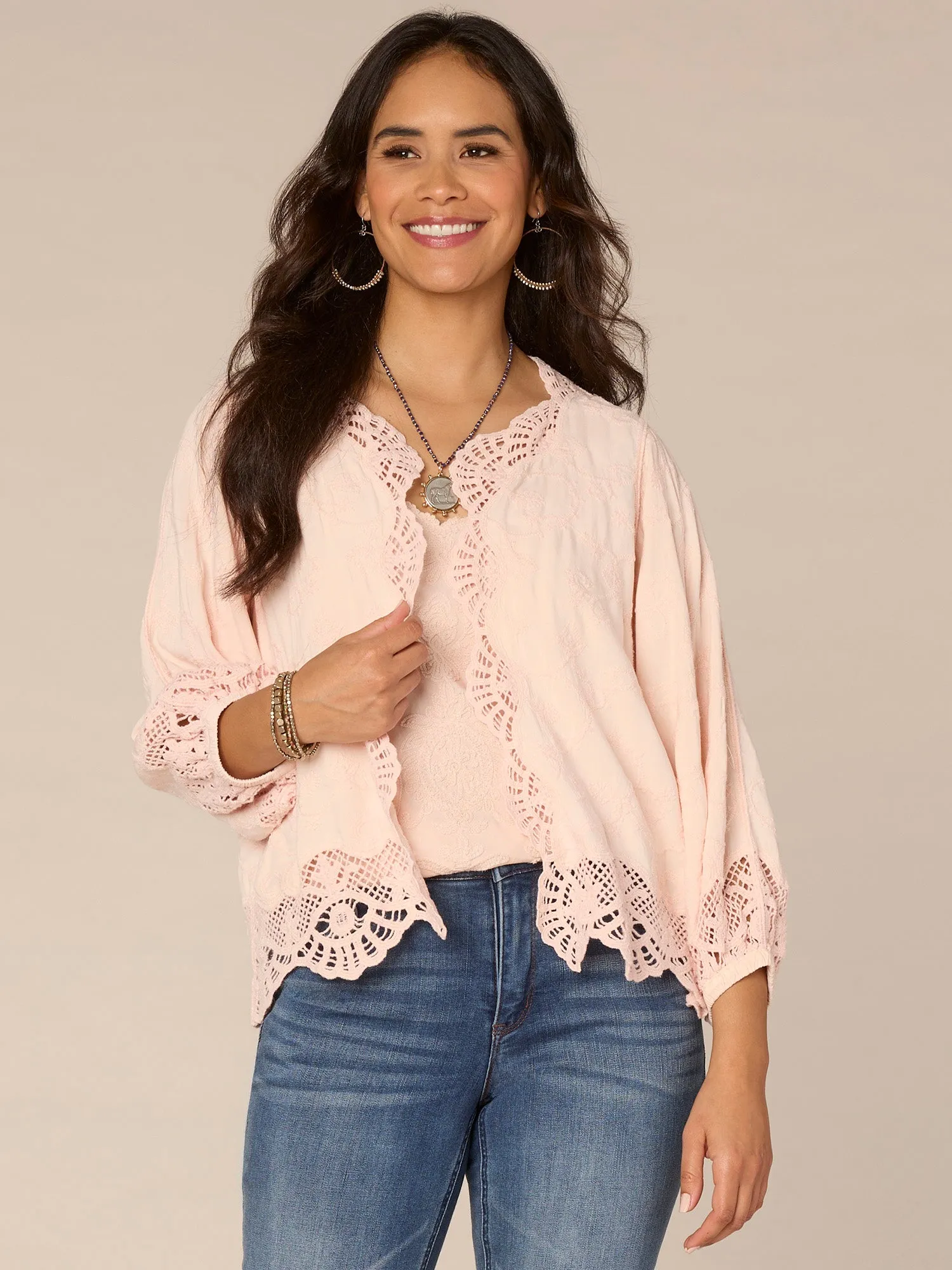 Three Quarter Blouson Sleeve Open Front Crochet Cropped Woven Jacket