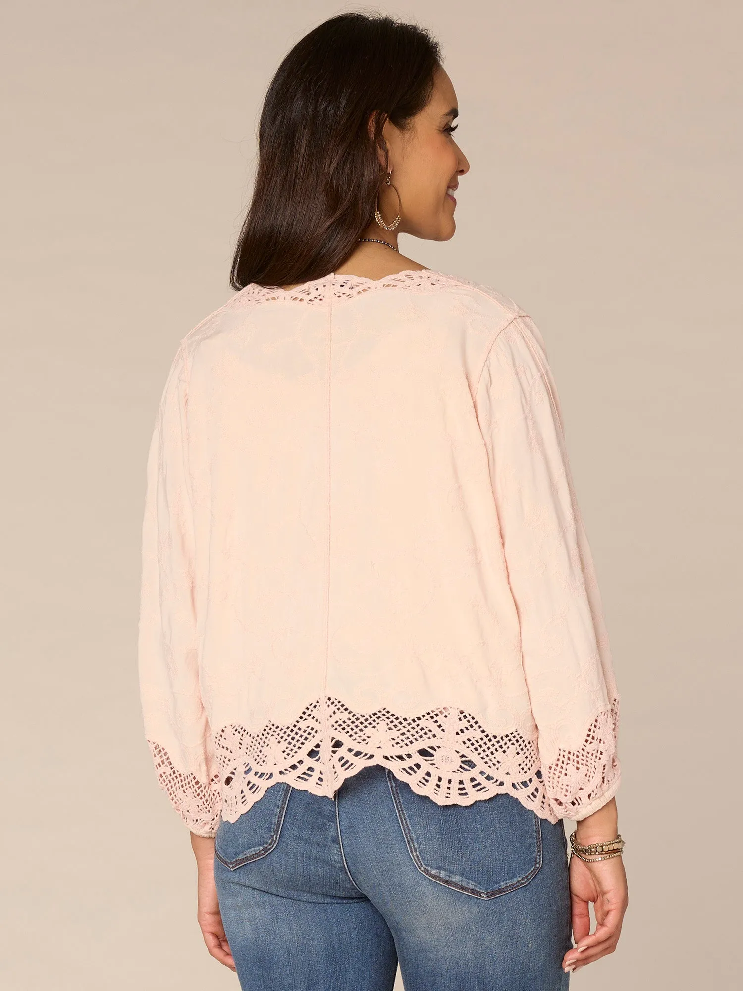 Three Quarter Blouson Sleeve Open Front Crochet Cropped Woven Jacket