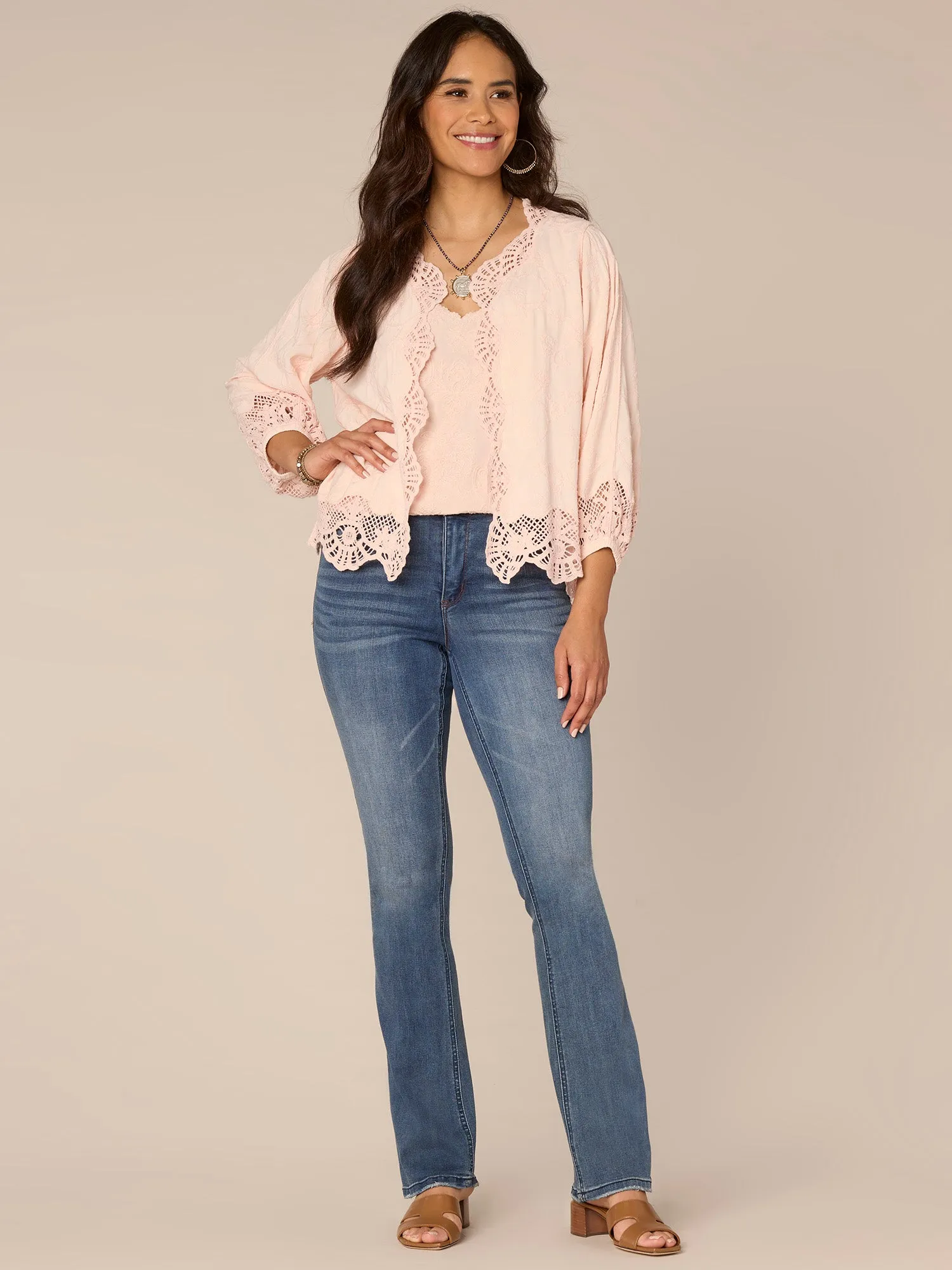 Three Quarter Blouson Sleeve Open Front Crochet Cropped Woven Jacket