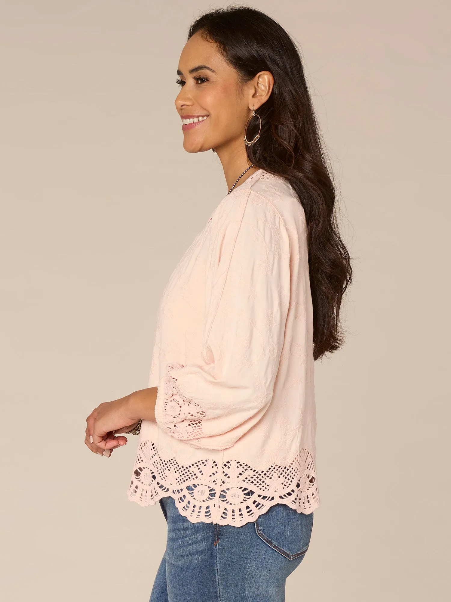 Three Quarter Blouson Sleeve Open Front Crochet Cropped Woven Jacket