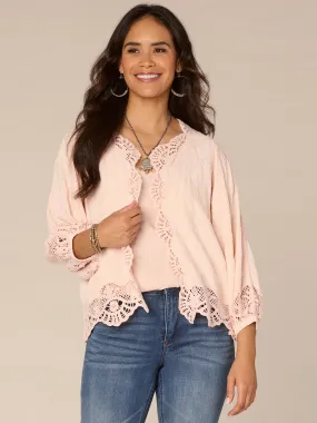 Three Quarter Blouson Sleeve Open Front Crochet Cropped Woven Jacket