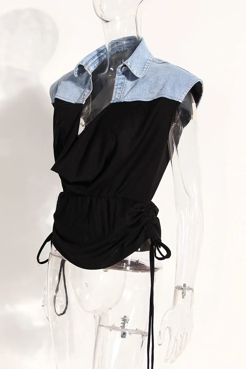 TJ0203 Denim Two Tone Sleeveless Shirt