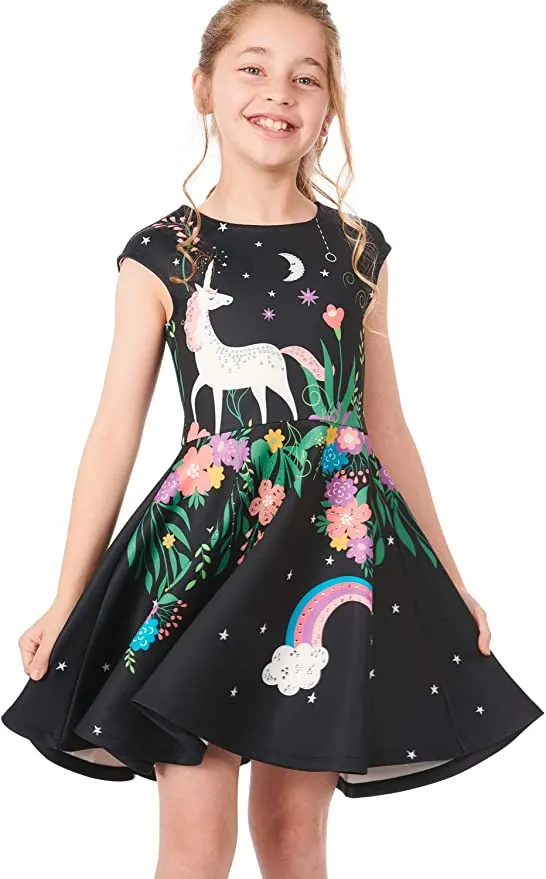 Toddler Girls Unicorn Rainbow Floral Skater Dress