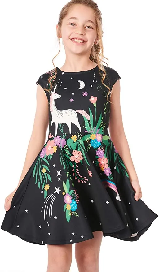 Toddler Girls Unicorn Rainbow Floral Skater Dress
