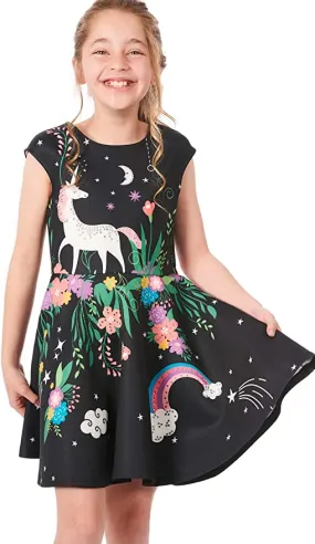 Toddler Girls Unicorn Rainbow Floral Skater Dress