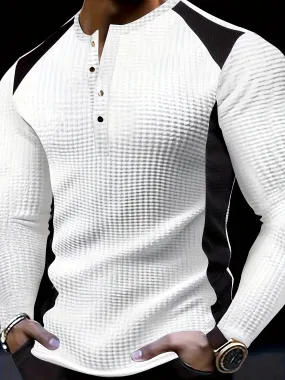 TruiMan - Heren Wafelgebreide Lange Mouw Henley Shirt met Contrasterende Panelen