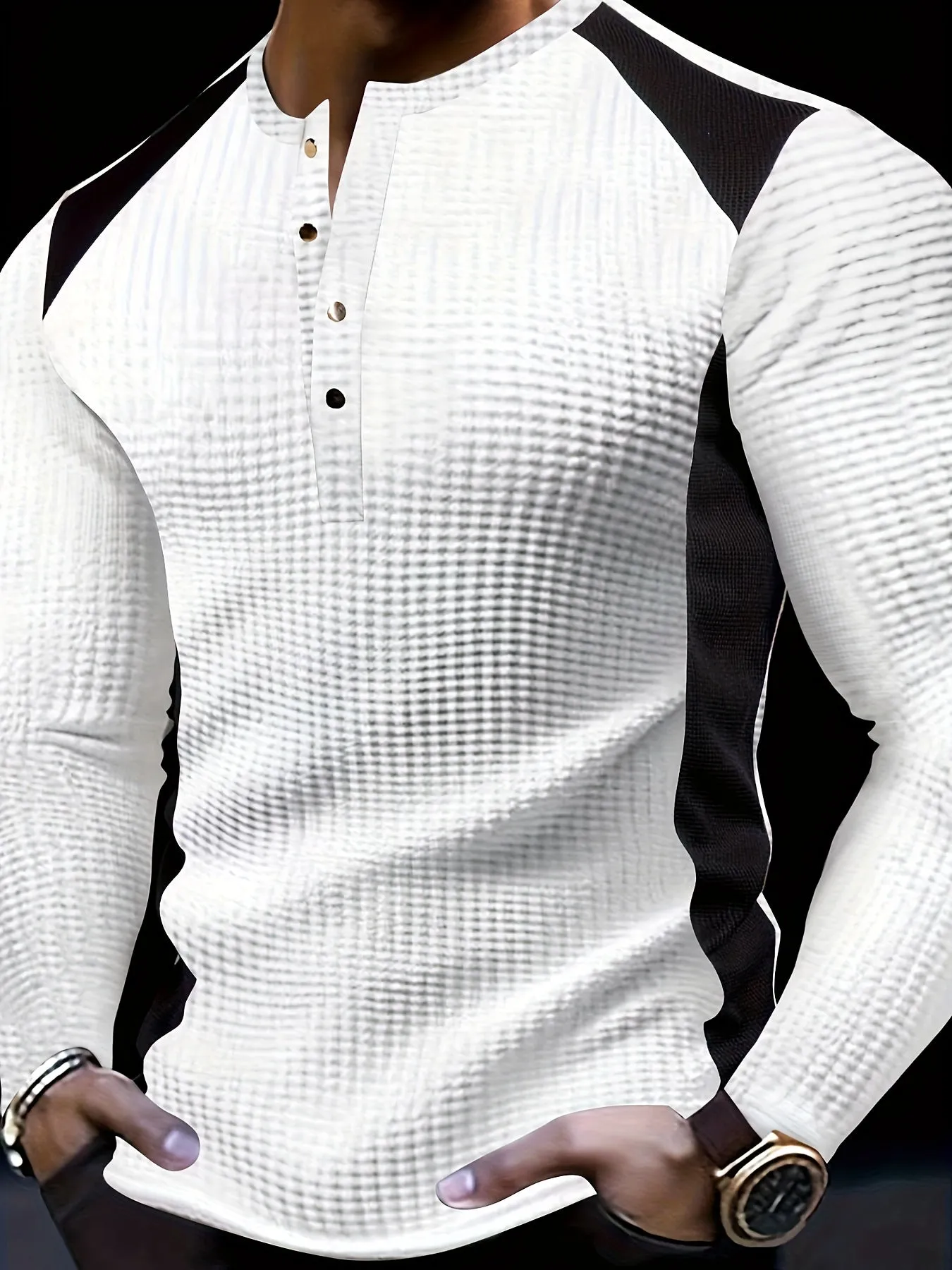 TruiMan - Heren Wafelgebreide Lange Mouw Henley Shirt met Contrasterende Panelen