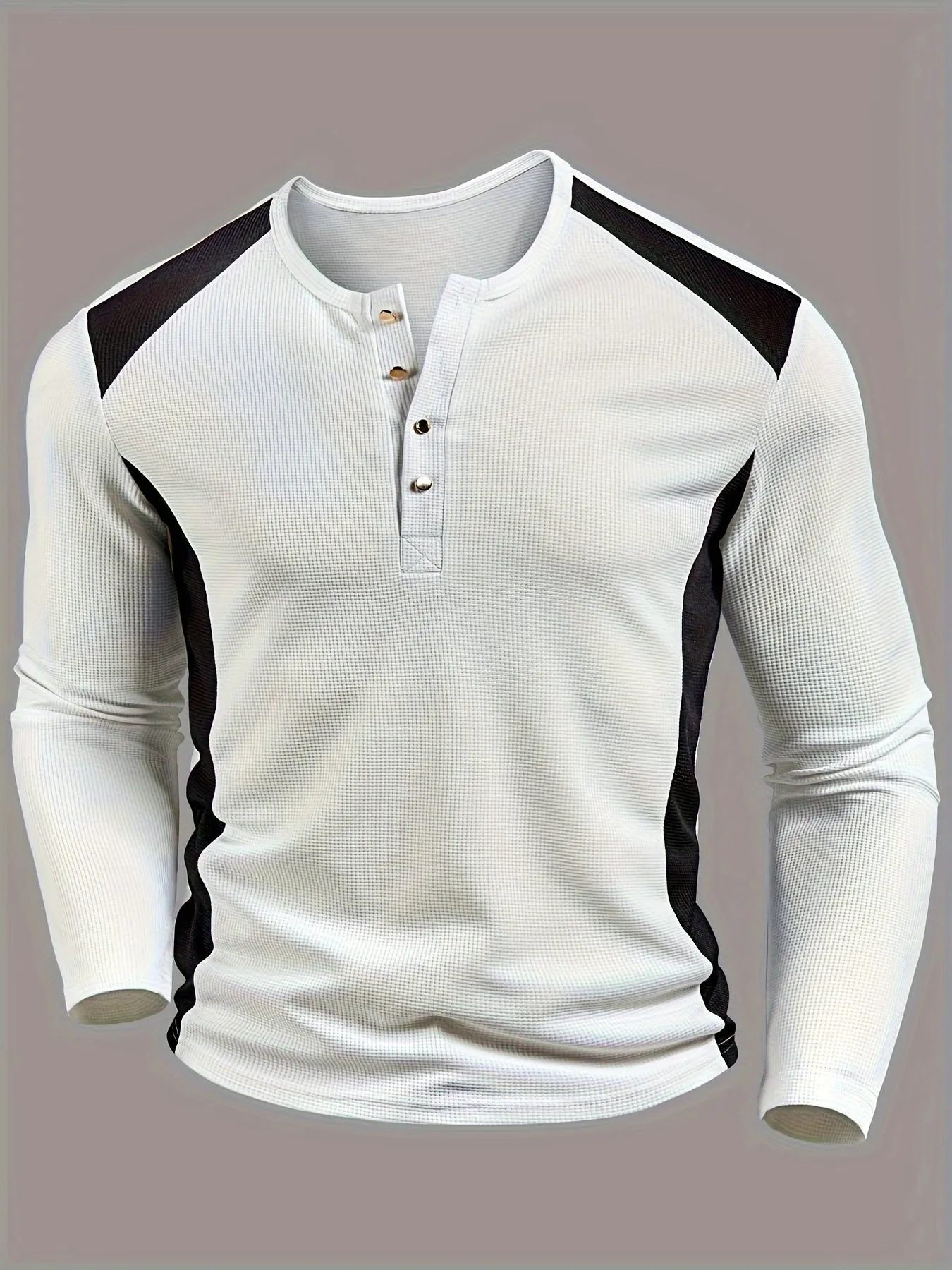 TruiMan - Heren Wafelgebreide Lange Mouw Henley Shirt met Contrasterende Panelen