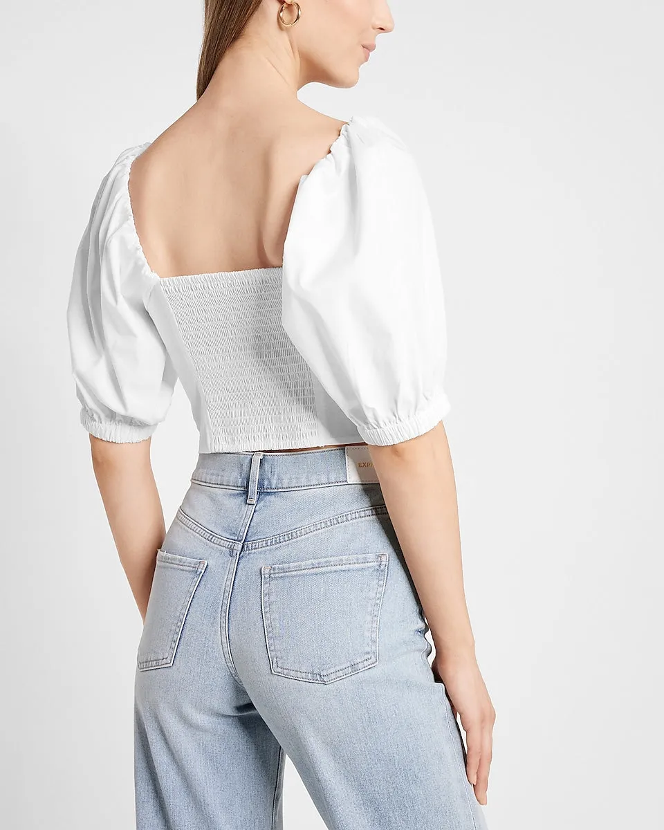 Twist Front Puff Sleeve Cropped Top in White