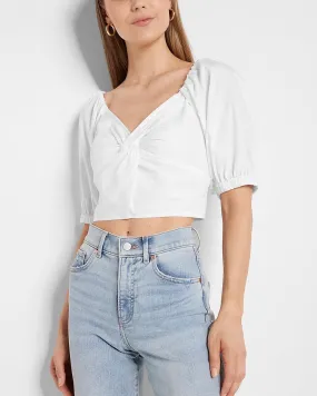 Twist Front Puff Sleeve Cropped Top in White