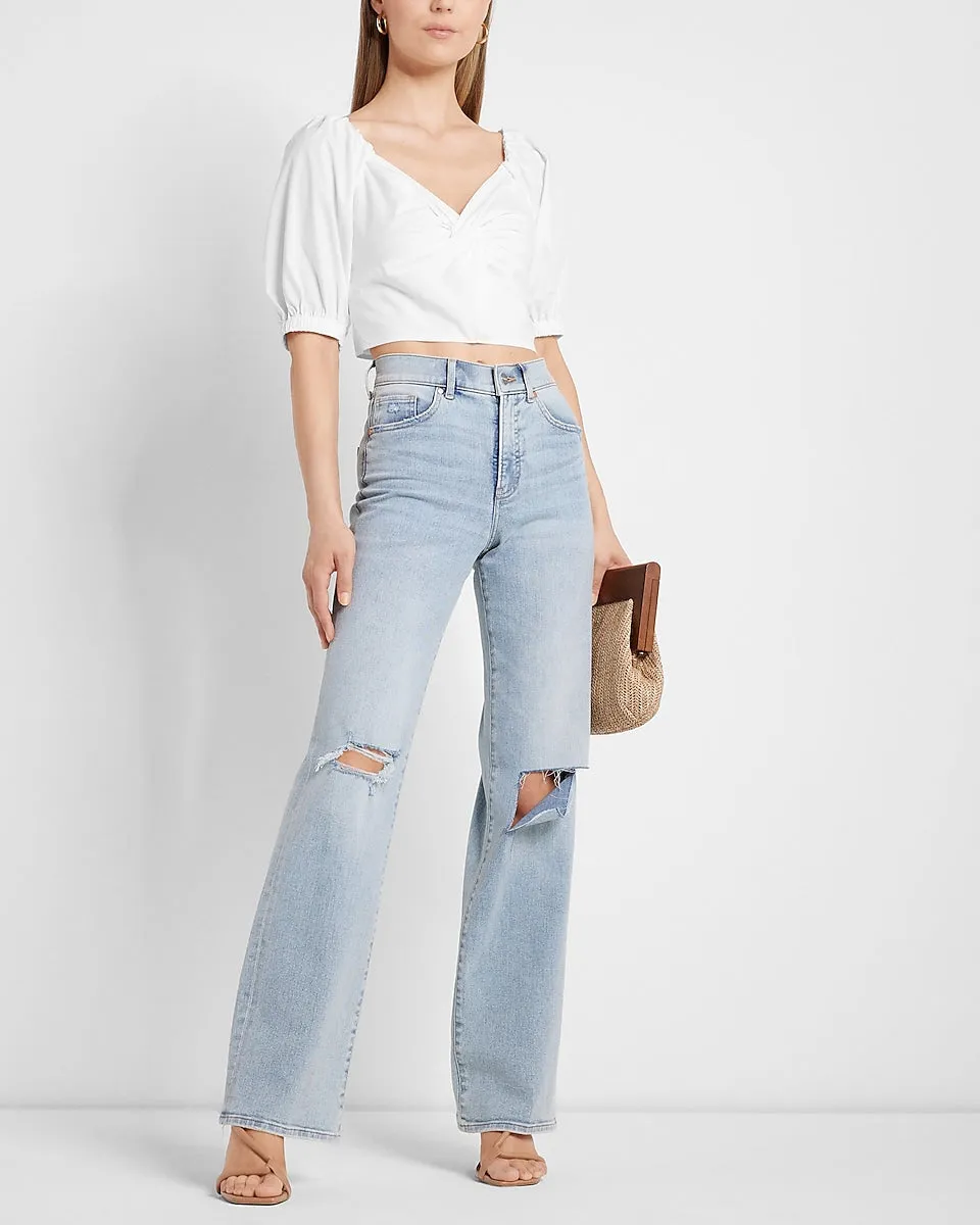 Twist Front Puff Sleeve Cropped Top in White