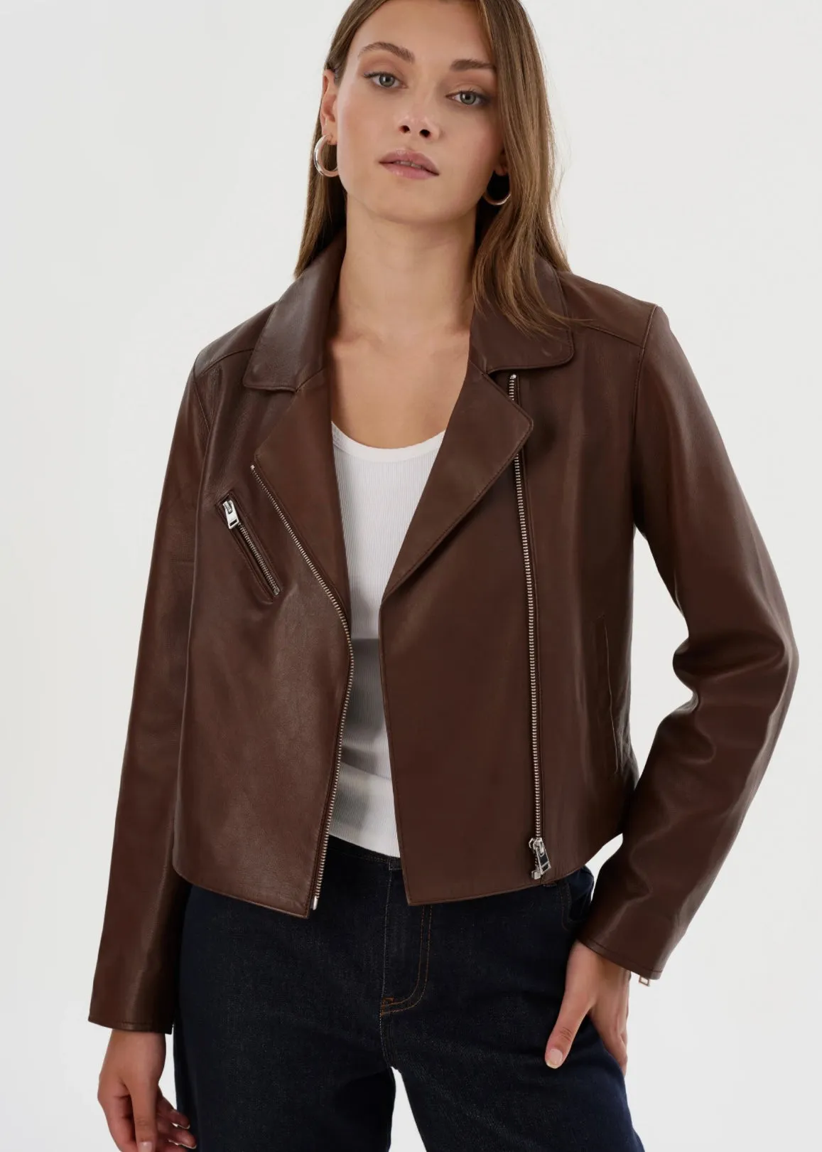 VALERIA LEATHER BIKER JACKET IN BROWN BY LA MARQUE SPRING 25
