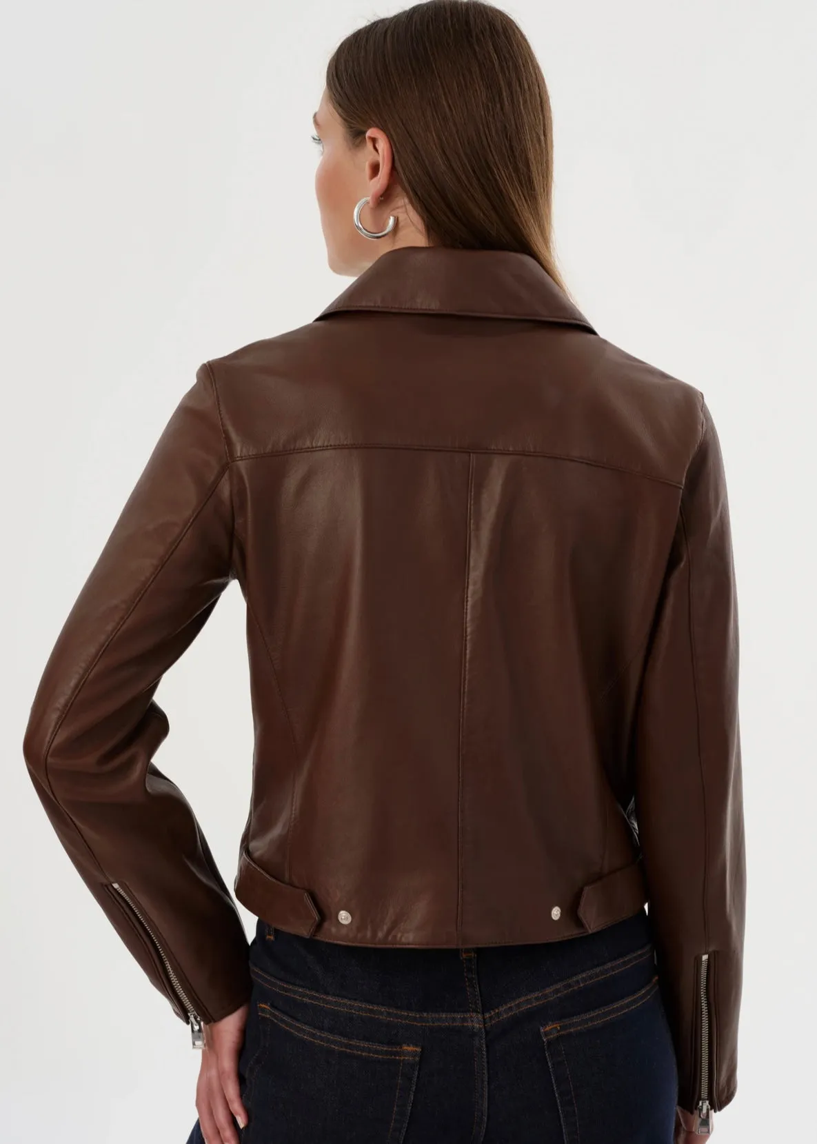 VALERIA LEATHER BIKER JACKET IN BROWN BY LA MARQUE SPRING 25