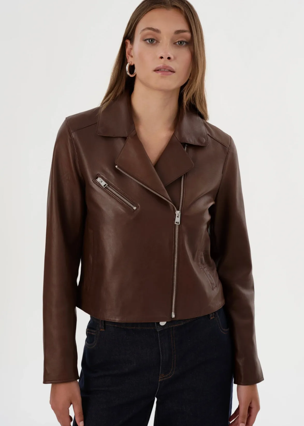 VALERIA LEATHER BIKER JACKET IN BROWN BY LA MARQUE SPRING 25