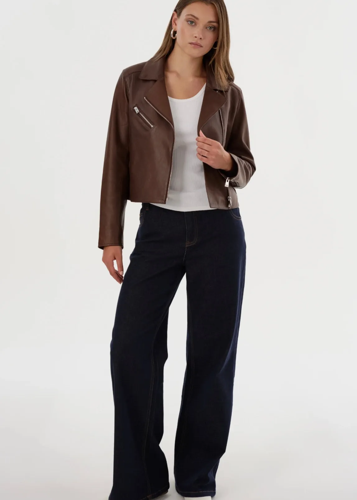 VALERIA LEATHER BIKER JACKET IN BROWN BY LA MARQUE SPRING 25