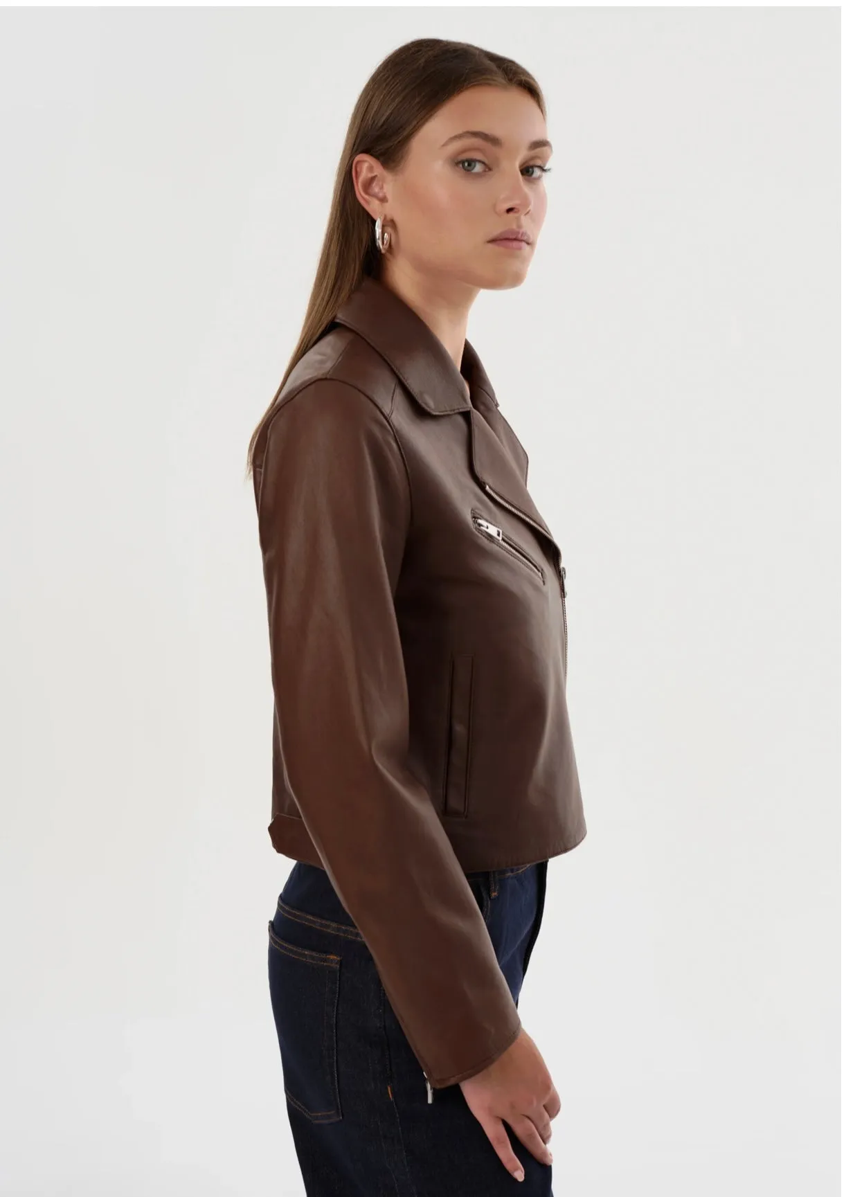 VALERIA LEATHER BIKER JACKET IN BROWN BY LA MARQUE SPRING 25