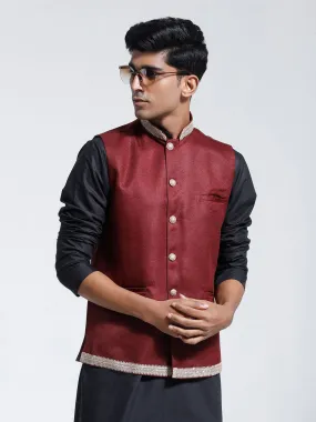 VASTRAMAY Men's Maroon Jute Nehru Jacket