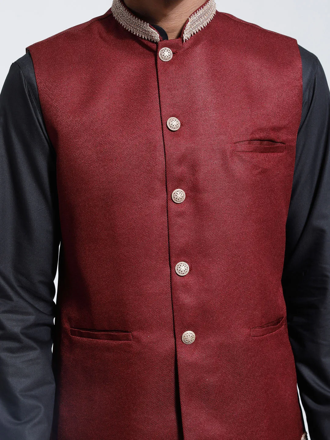 VASTRAMAY Men's Maroon Jute Nehru Jacket