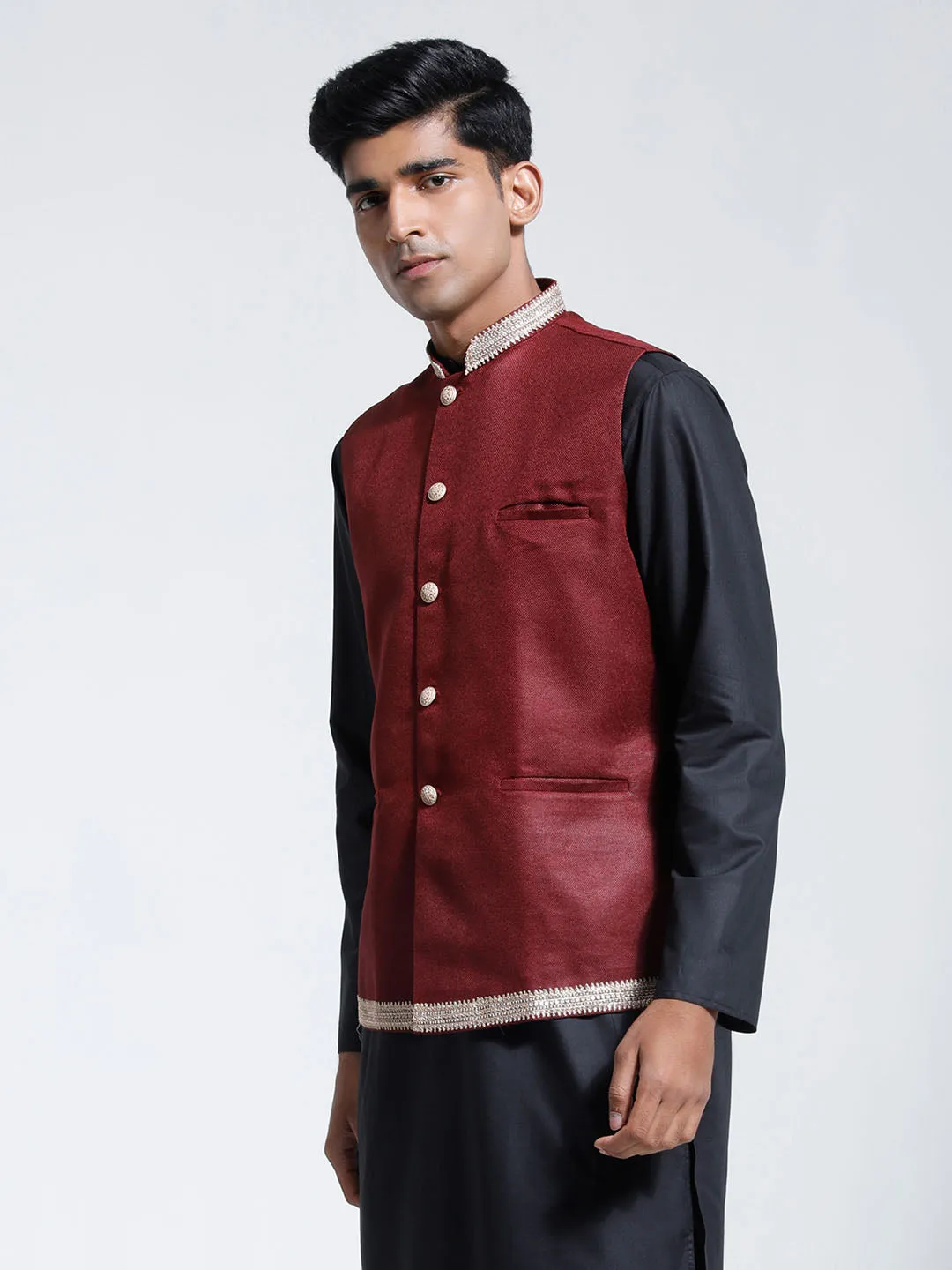 VASTRAMAY Men's Maroon Jute Nehru Jacket