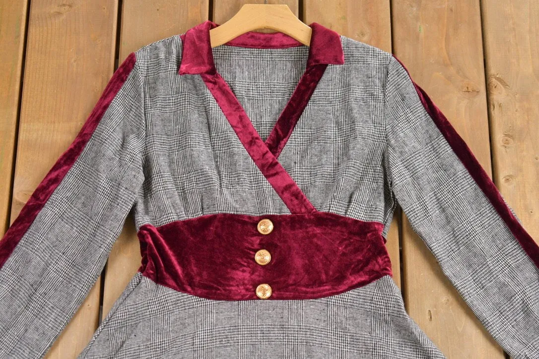 Vintage 1980s Houndstooth Plaid Shirt Dress