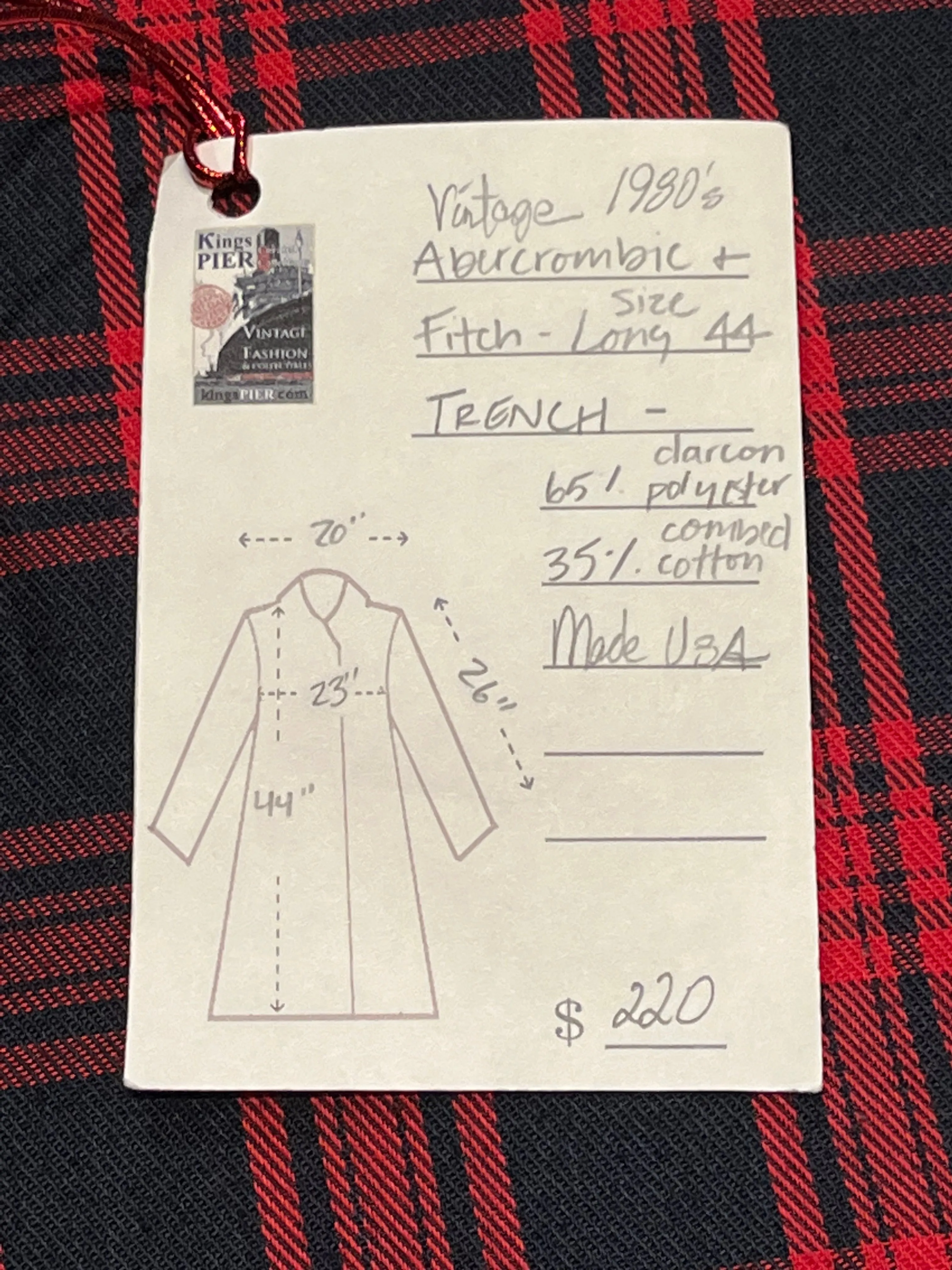 Vintage 80’s Abercrombie and Fitch Black Trench Coat, Union Made in USA, Size 44 Long