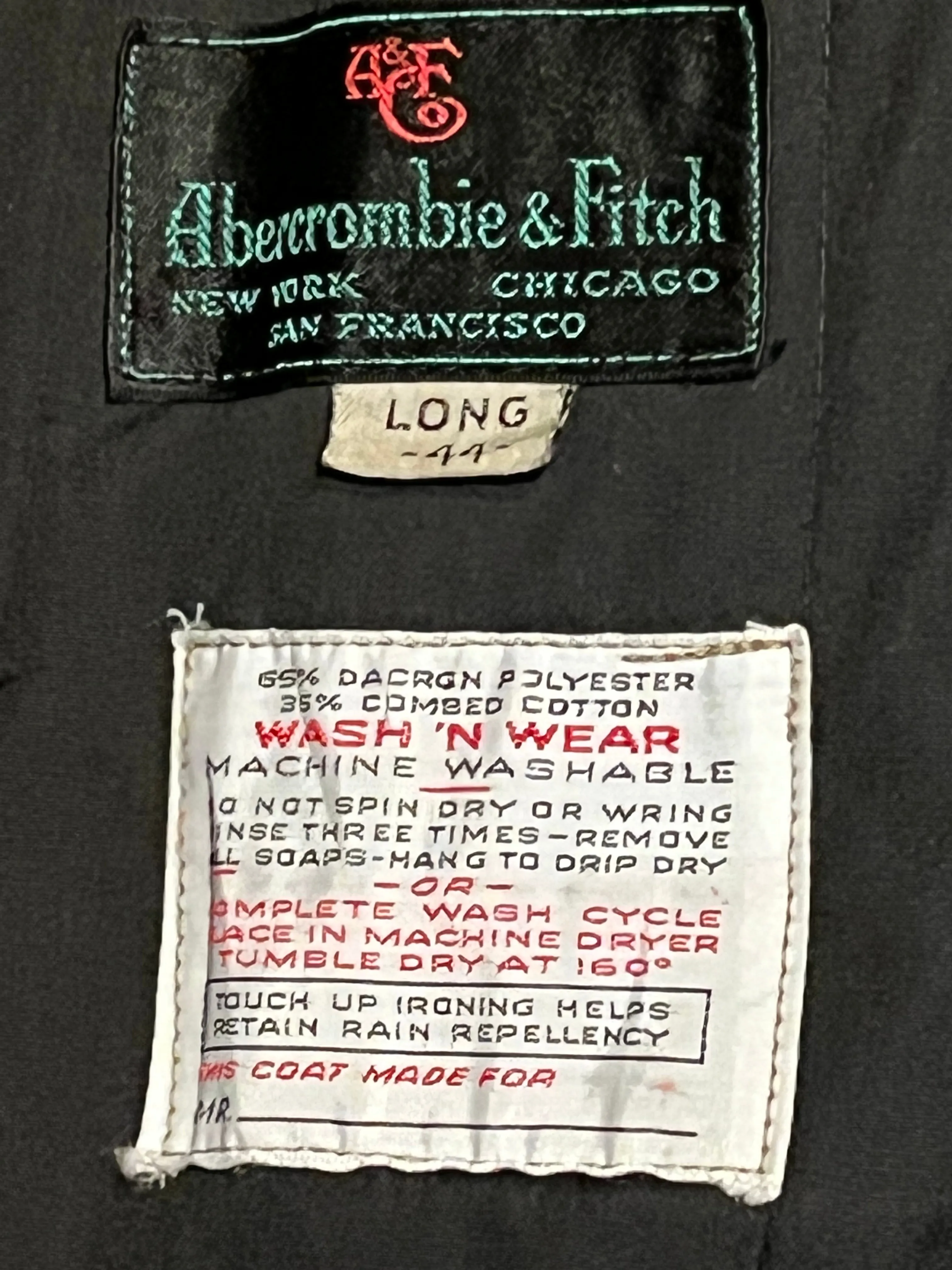 Vintage 80’s Abercrombie and Fitch Black Trench Coat, Union Made in USA, Size 44 Long
