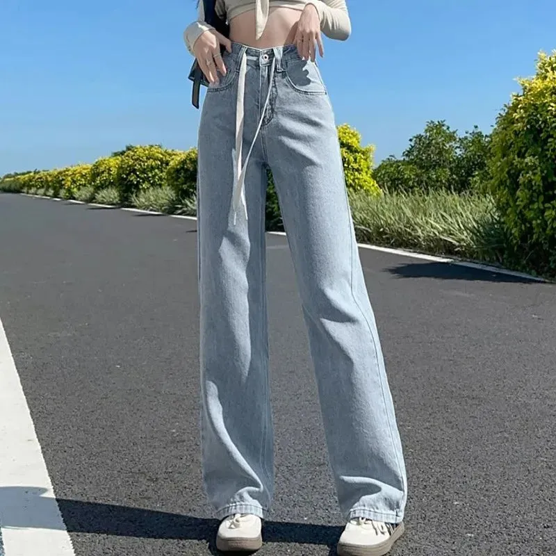Wash Drawstring Loose Wide Leg Denim Jeans