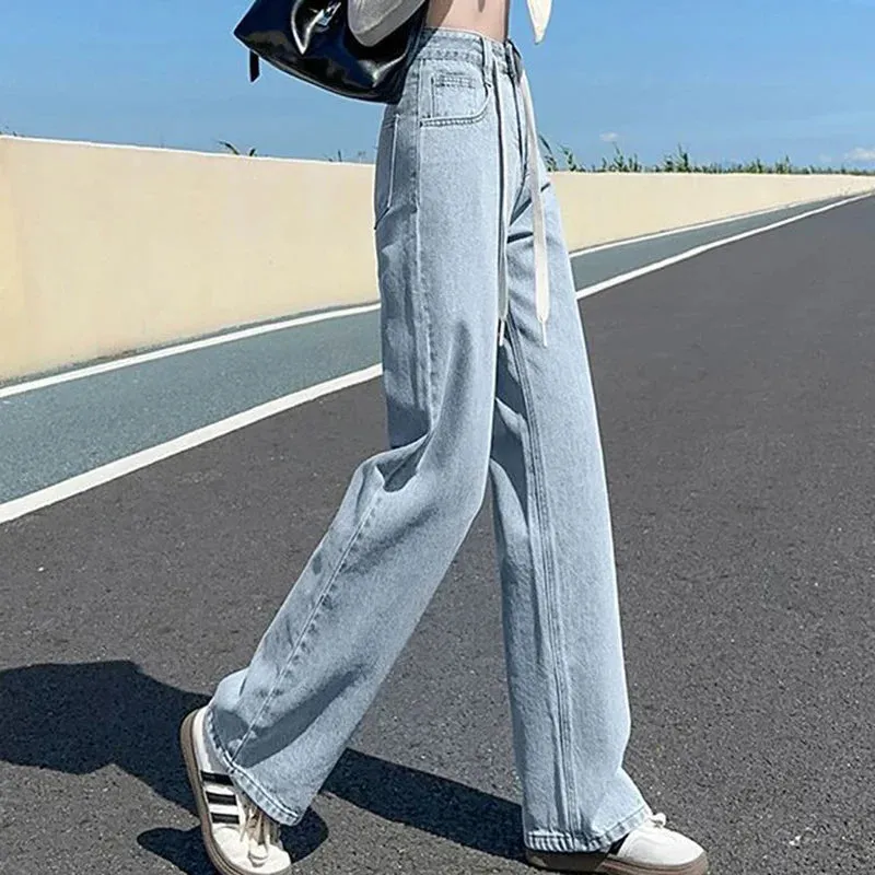 Wash Drawstring Loose Wide Leg Denim Jeans